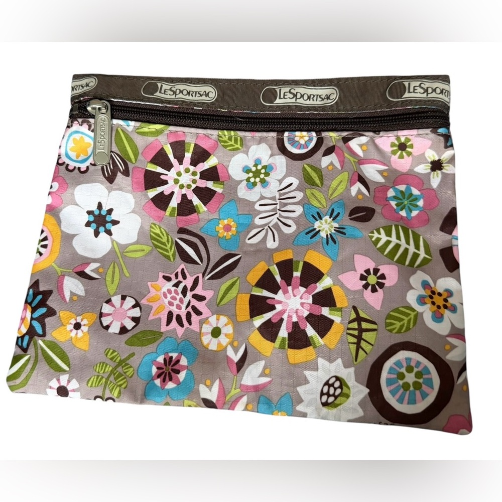 LeSportsac zippered travel pouch, floral design on brown background. Vintage